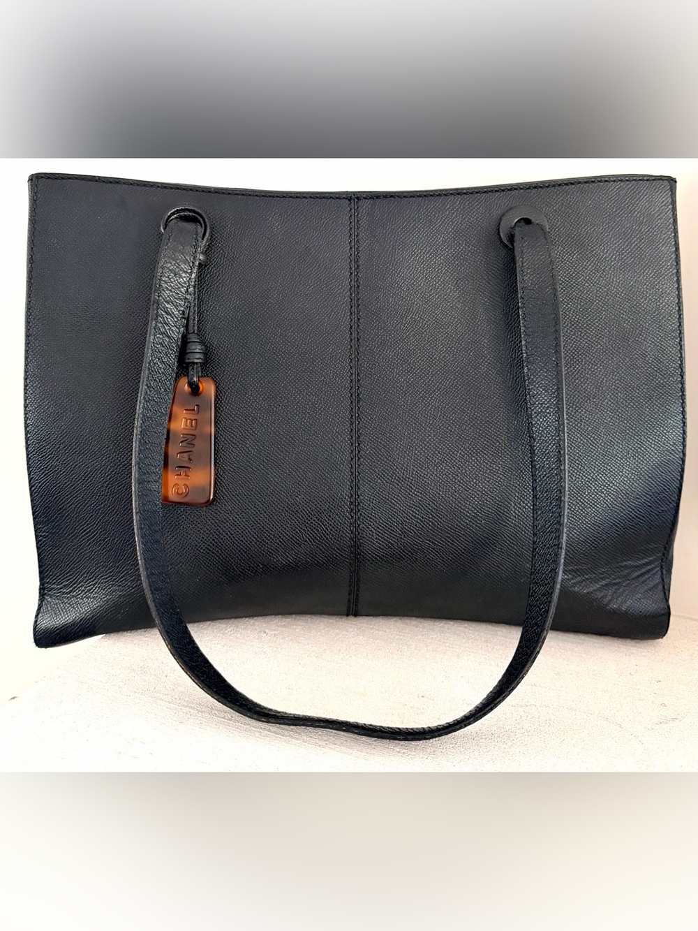 CHANEL Vintage Black Caviar Leather Zip Tote Bag Tortoise Charm 5 Series